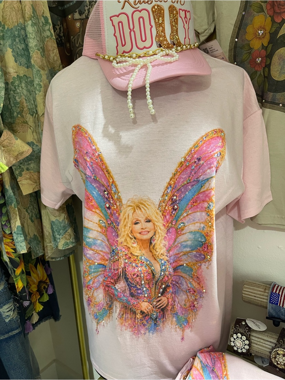 Dolly Pink Rhinestone Graphic Tee with Colorful Butterfly Design